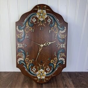 Vintage Hand Painted Rosemaling Floral Wood Clock Signed By Janson ~ Working